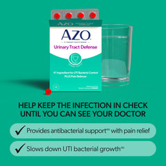 AZO Urinary Defense bottle closeup highlights dual antibacterial and pain relief action.
