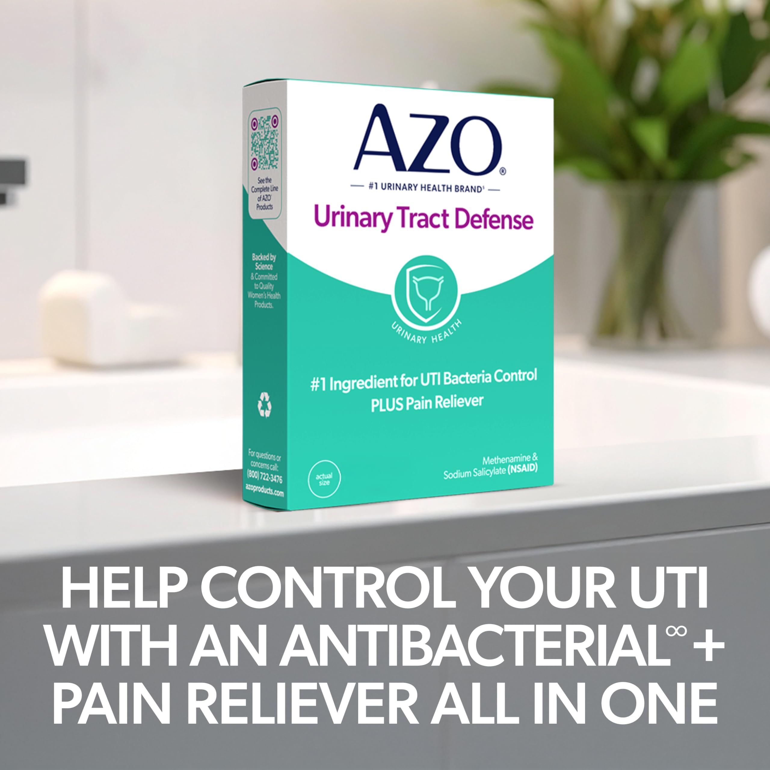 AZO Urinary Defense in use with a glass of water for ongoing care.