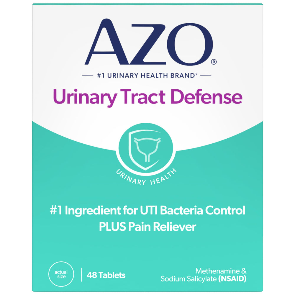 AZO Urinary Defense packaging front shows trusted OTC UTI protection.