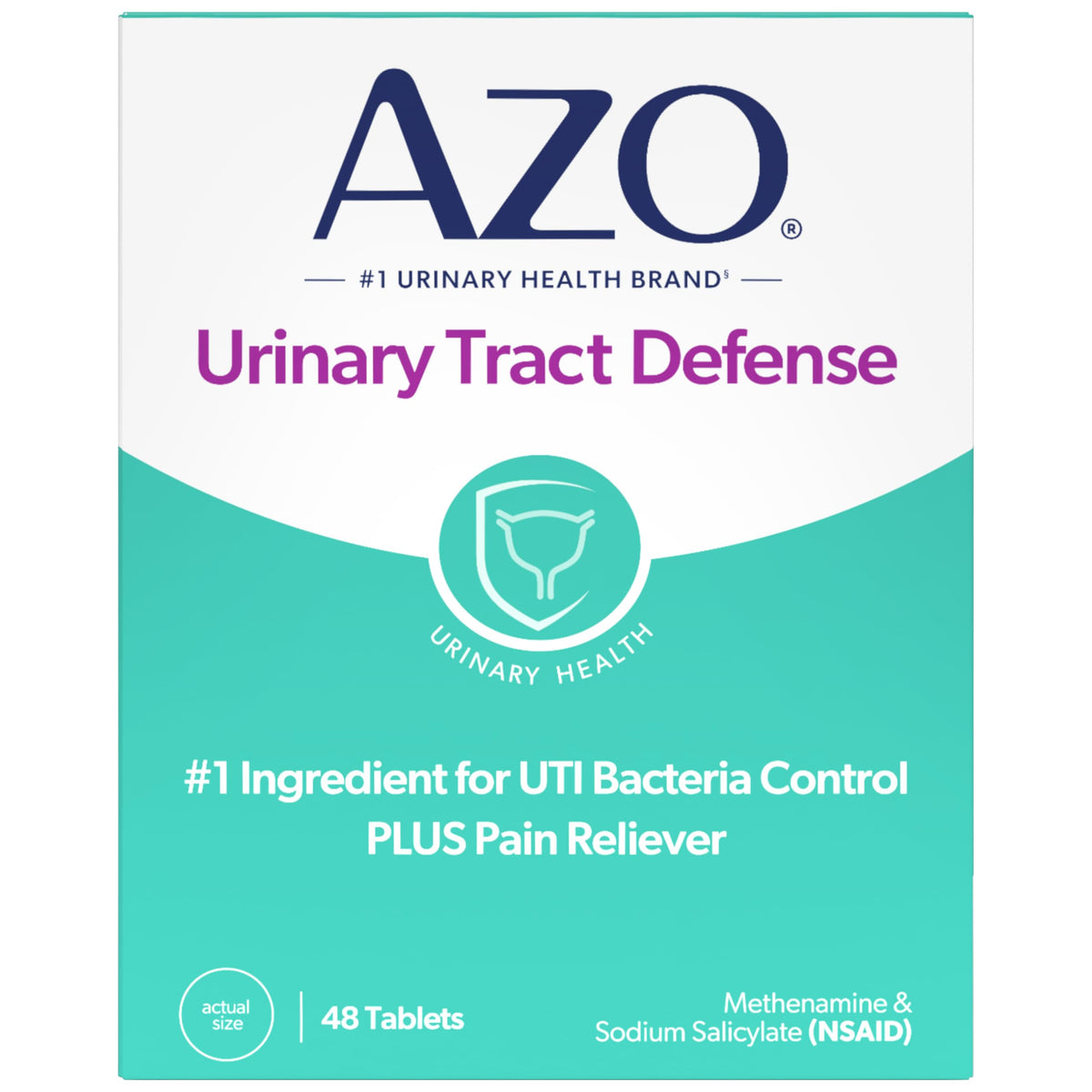AZO Urinary Defense packaging front shows trusted OTC UTI protection.