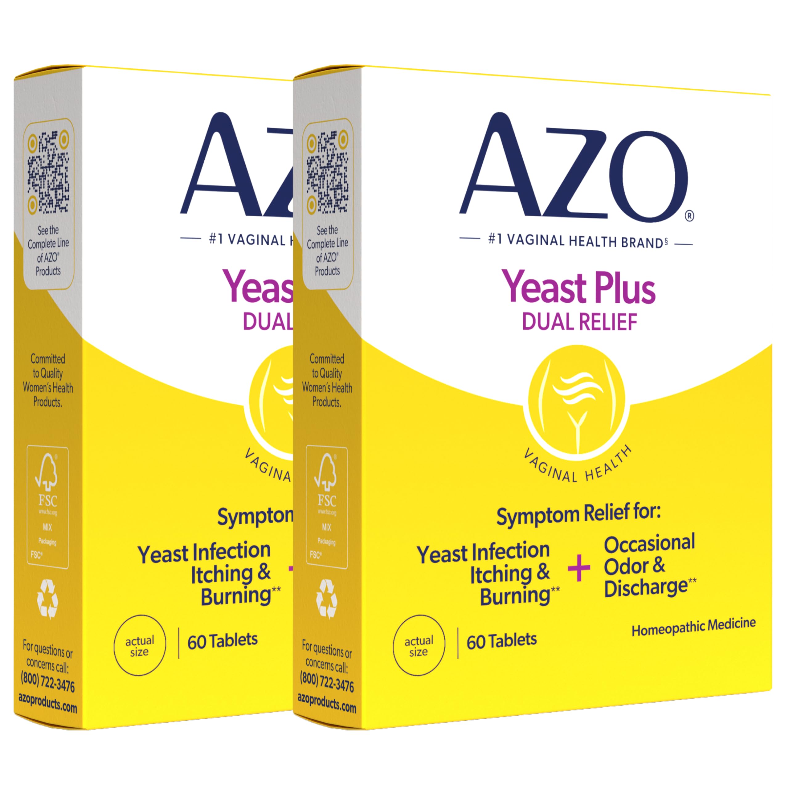 AZO Yeast Plus Dual Relief bottle shown for in-home symptom relief.