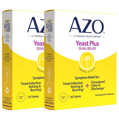 AZO Yeast Plus Dual Relief bottle shown for in-home symptom relief.