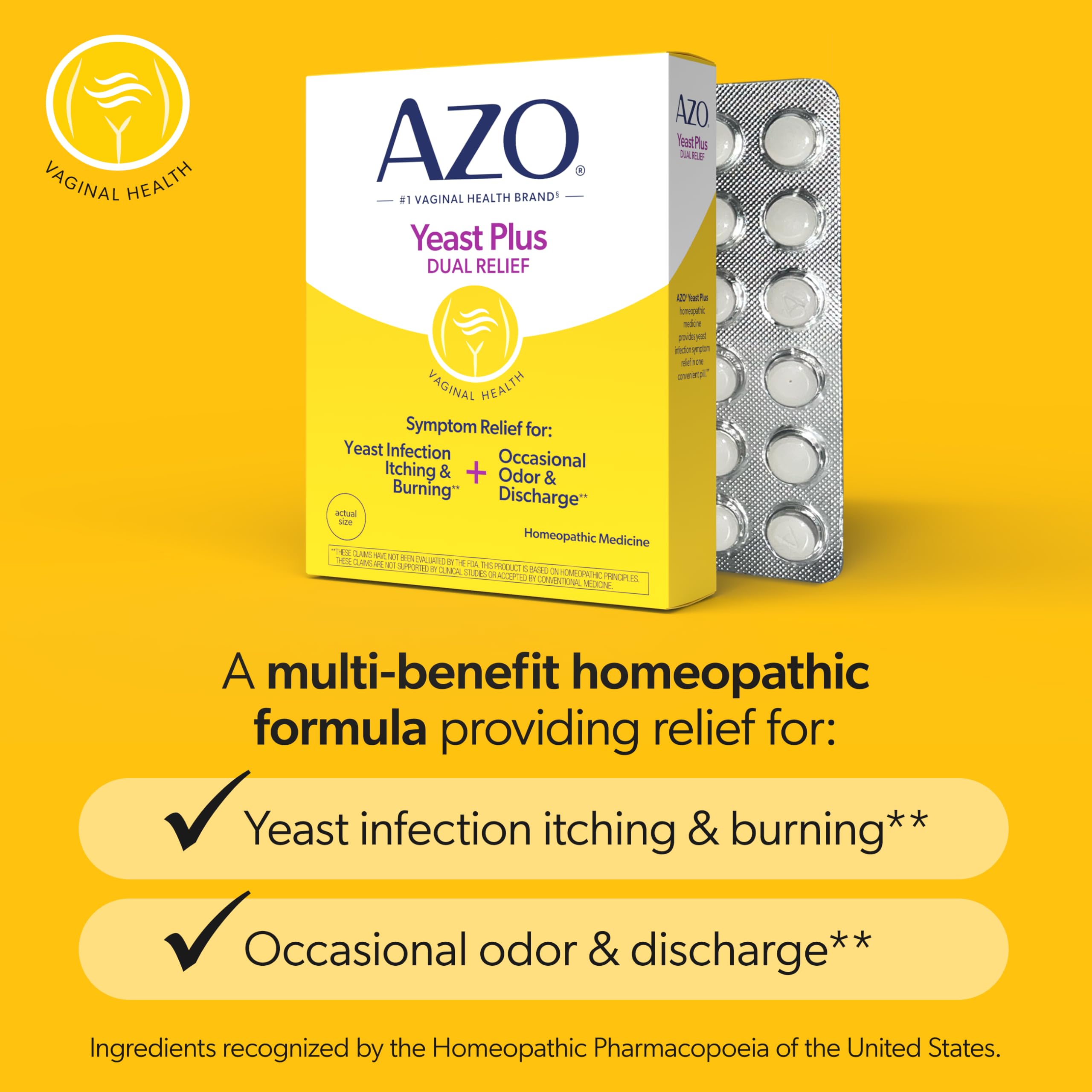 AZO Yeast Plus Dual Relief label provides clear usage guidance.