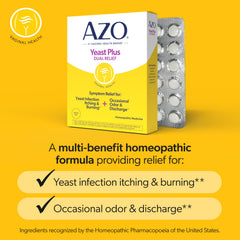 AZO Yeast Plus Dual Relief label provides clear usage guidance.