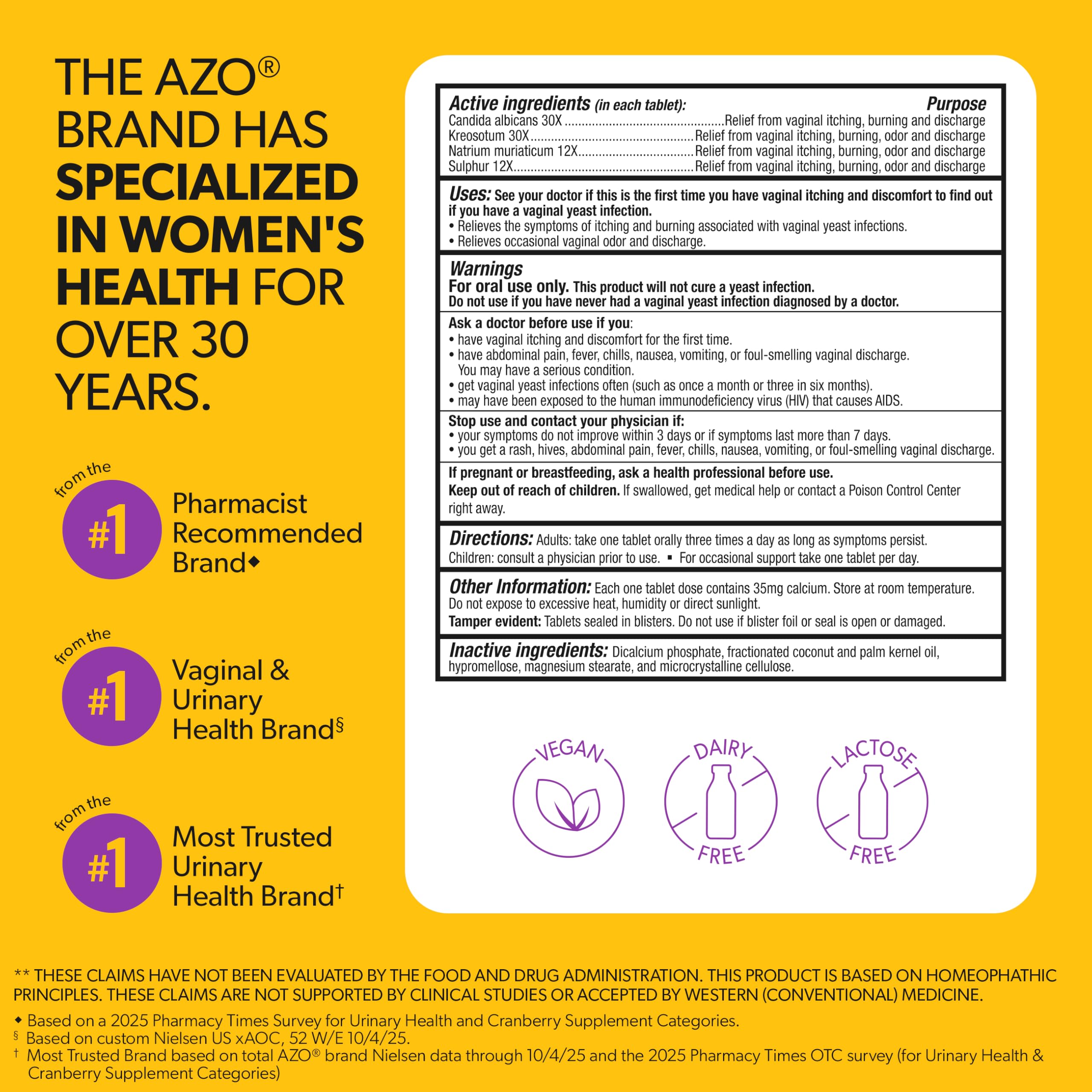 AZO Yeast Plus Dual Relief packaging highlights convenient single-pill format.