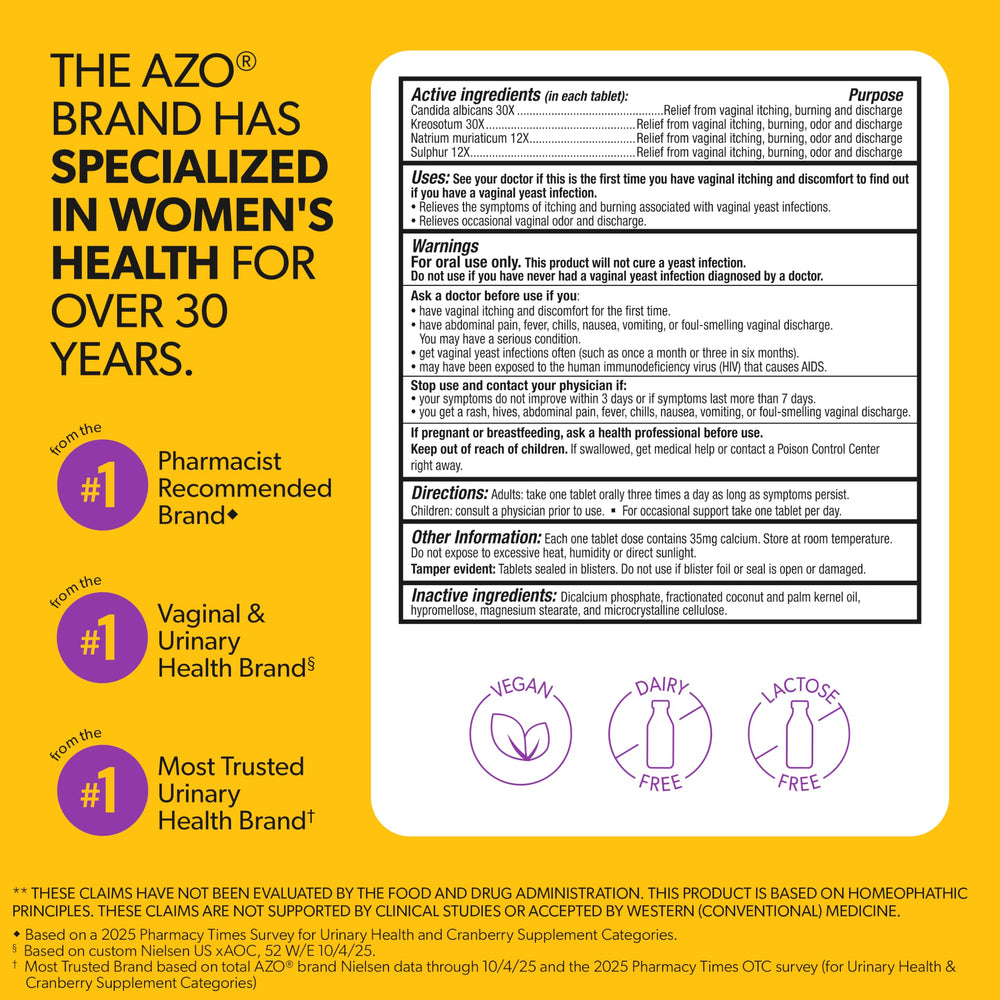 AZO Yeast Plus Dual Relief packaging highlights convenient single-pill format.