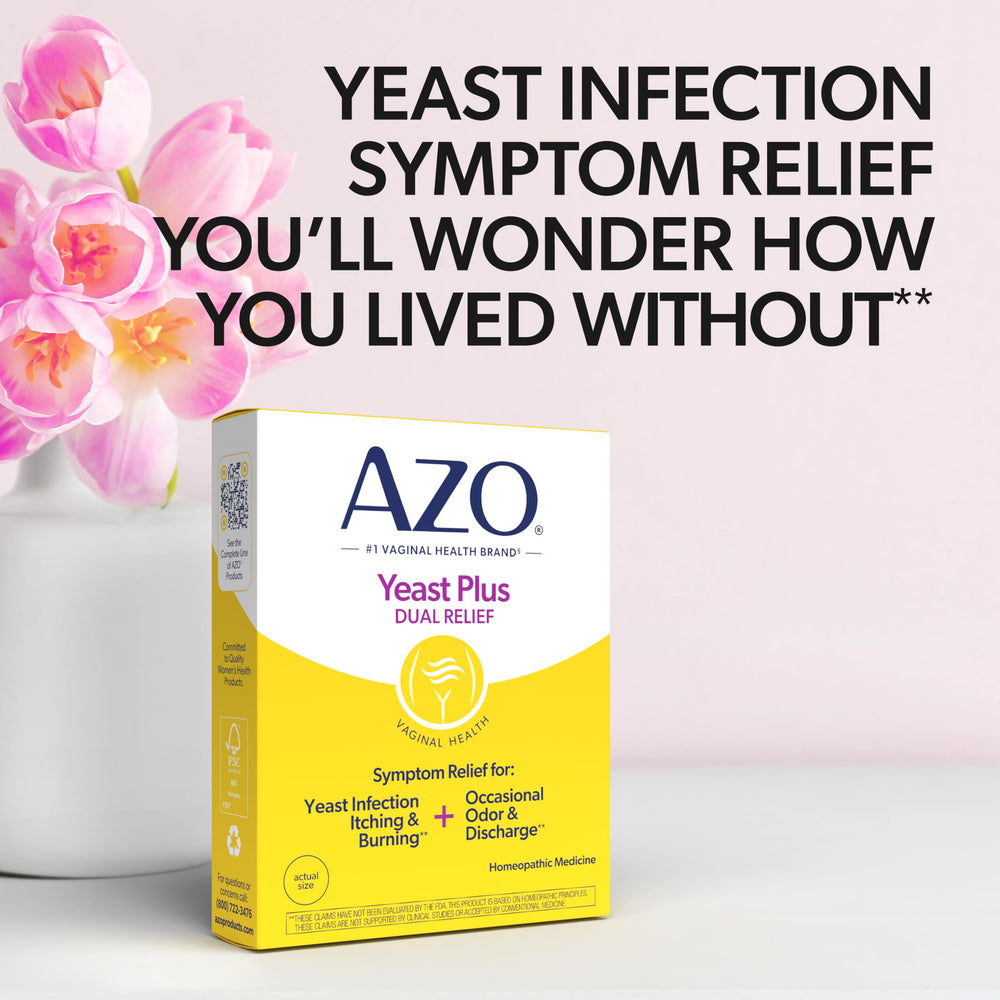 AZO Yeast Plus Dual Relief travel-pack pictured for on-the-go relief.