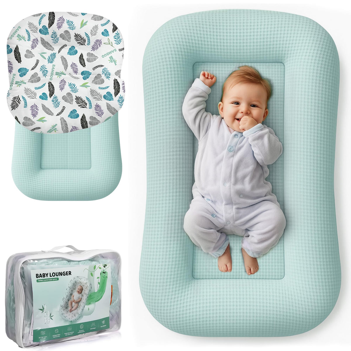 azopesy baby lounger blue close-up showing breathable waffle fabric for year-round comfort.