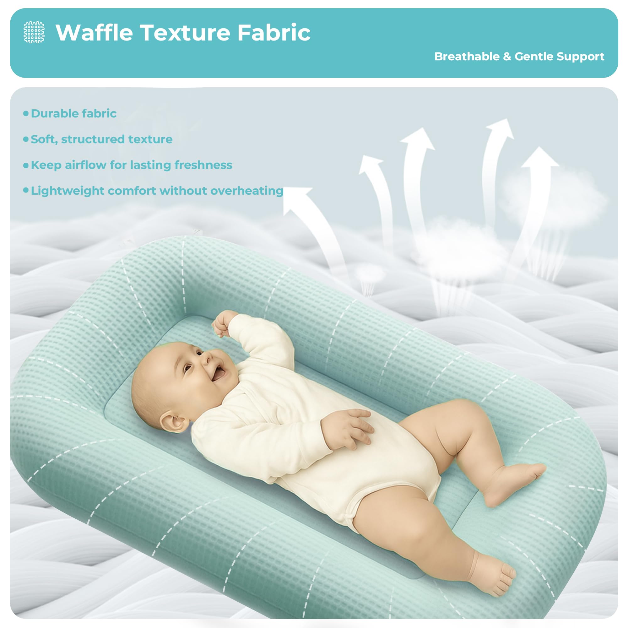 azopesy newborn lounger with wraparound bumper highlights secure support for tummy time.
