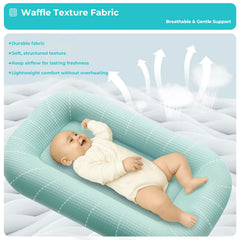 azopesy newborn lounger with wraparound bumper highlights secure support for tummy time.