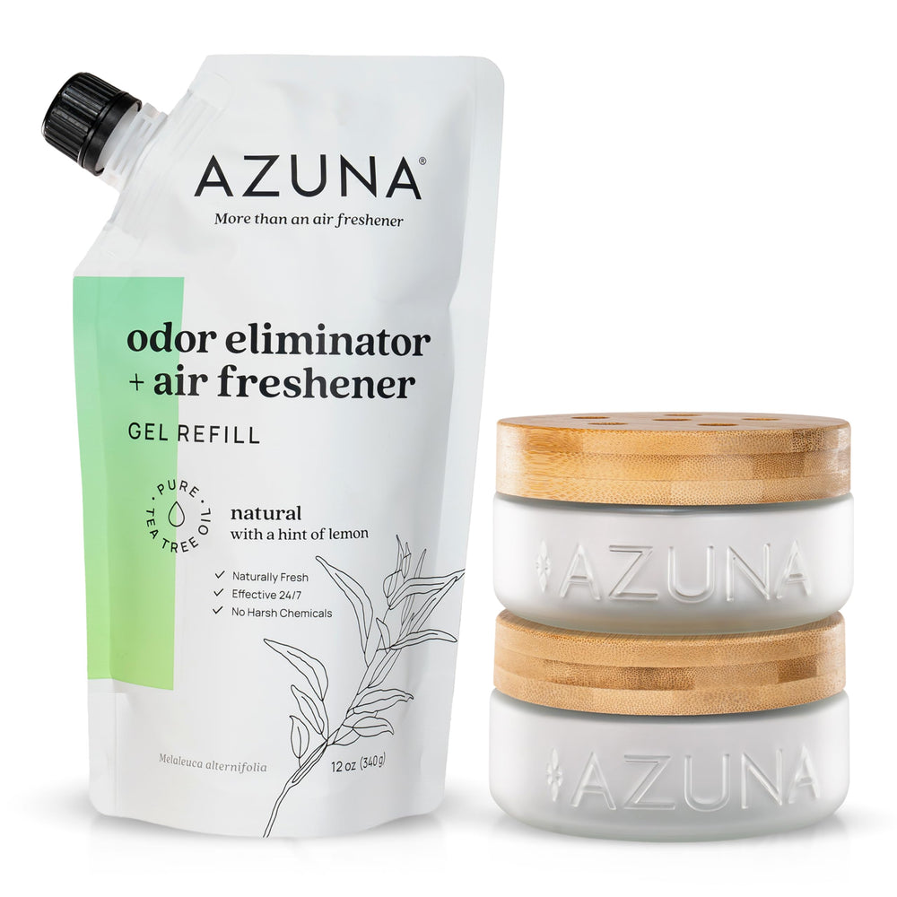 Azuna tea tree gel air freshener in a glass jar neutralizes odors for the home.