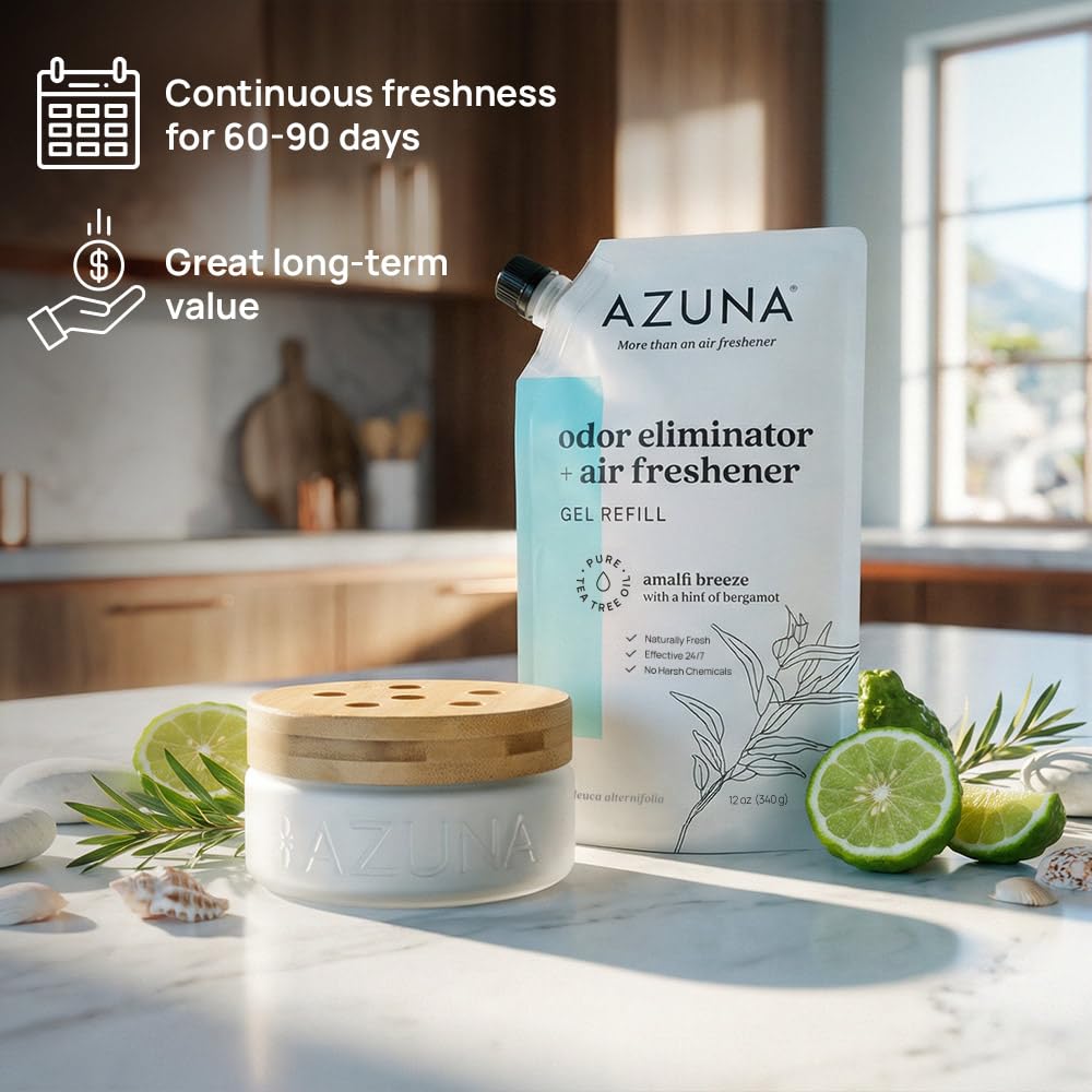 Azuna tea tree gel diffusion visible in room air for odor control.