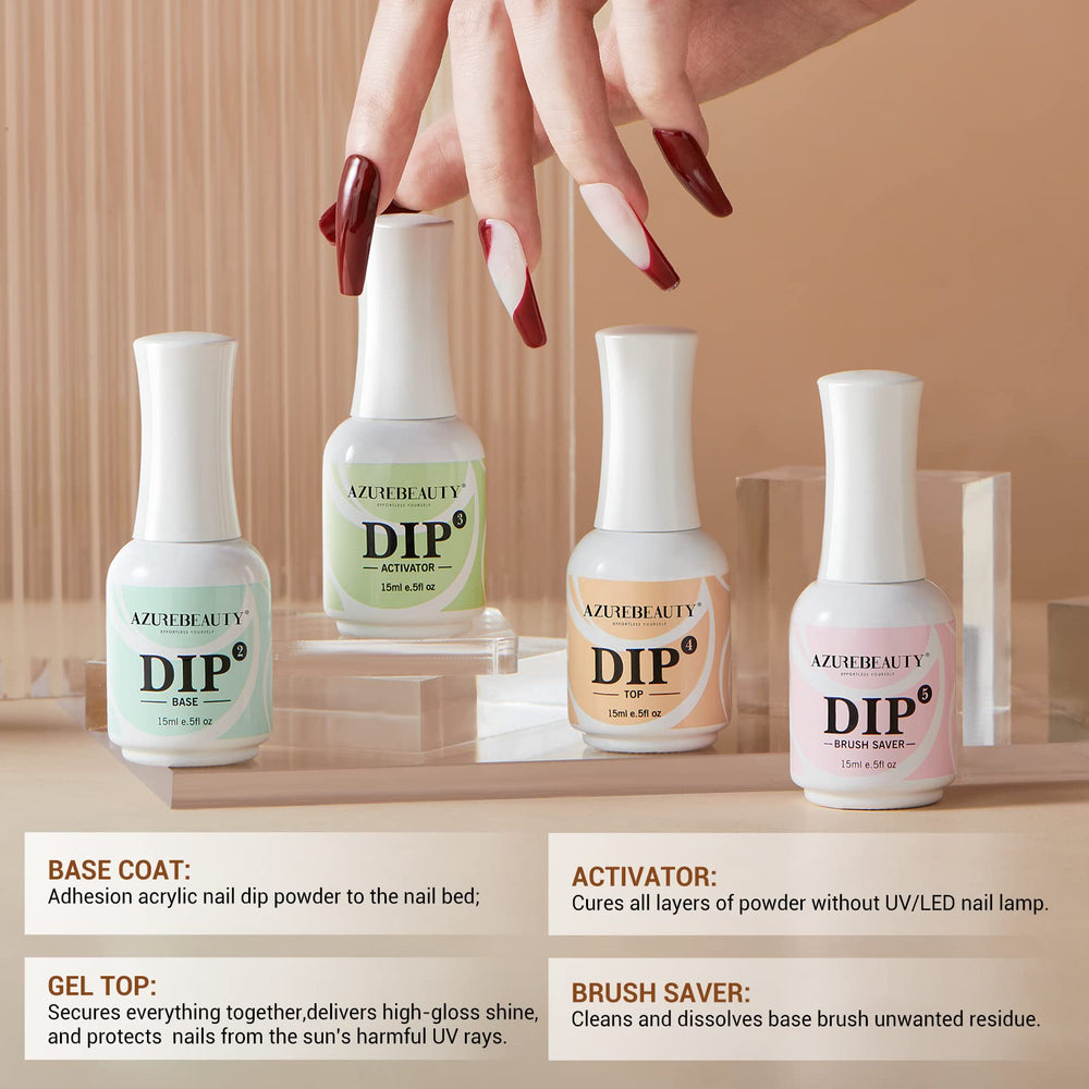 AZUREBEAUTY 4x4 dip powder kit bottle packaging: sturdy, low-odor bottles for storage.