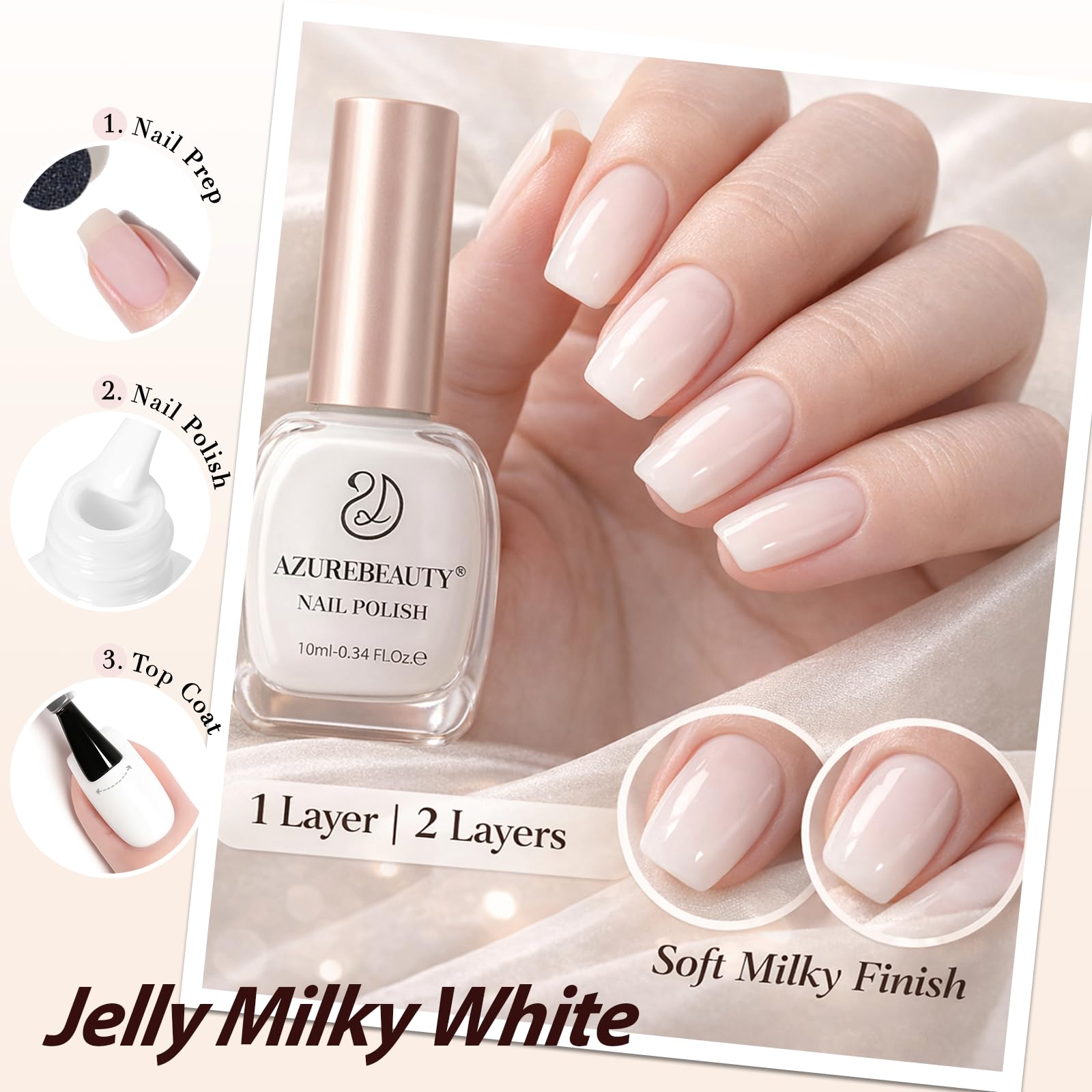 AZUREBEAUTY Milky White nail polish swatches showing a soft jelly finish.