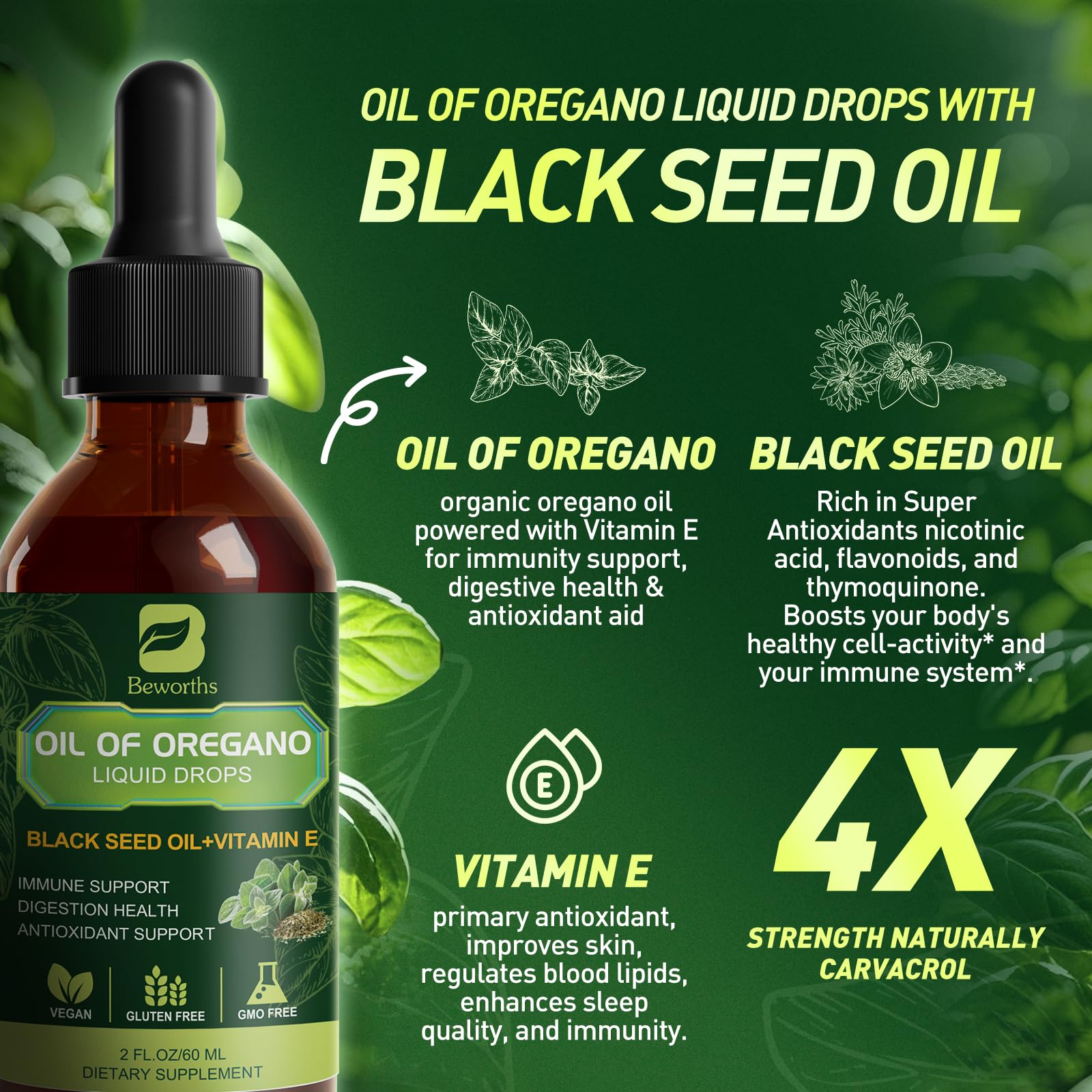 Label notes high carvacrol content and vegan, non-GMO ingredients