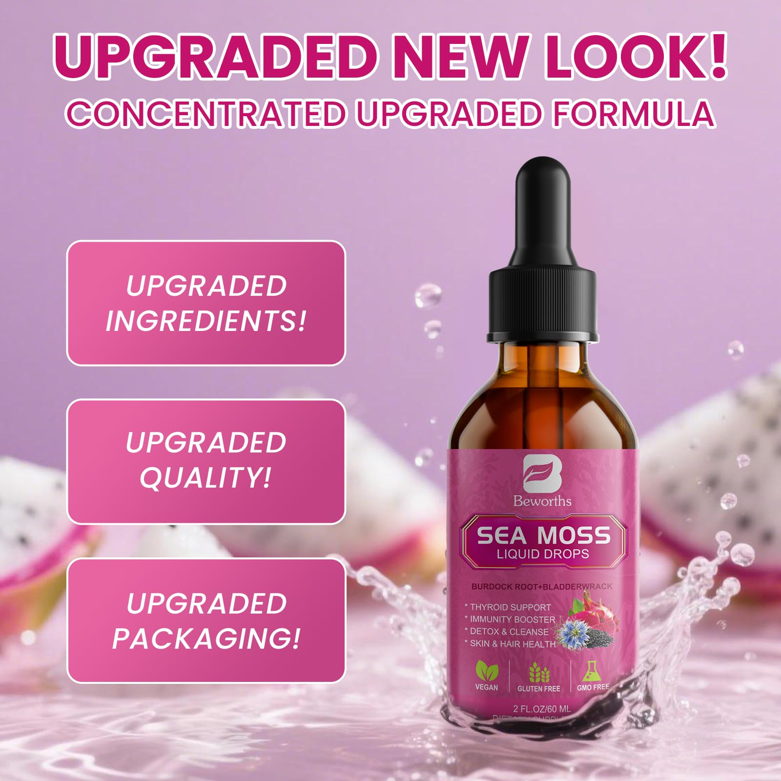 Graphic of benefits for B BEWORTHS Sea Moss Liquid Drops and daily wellness