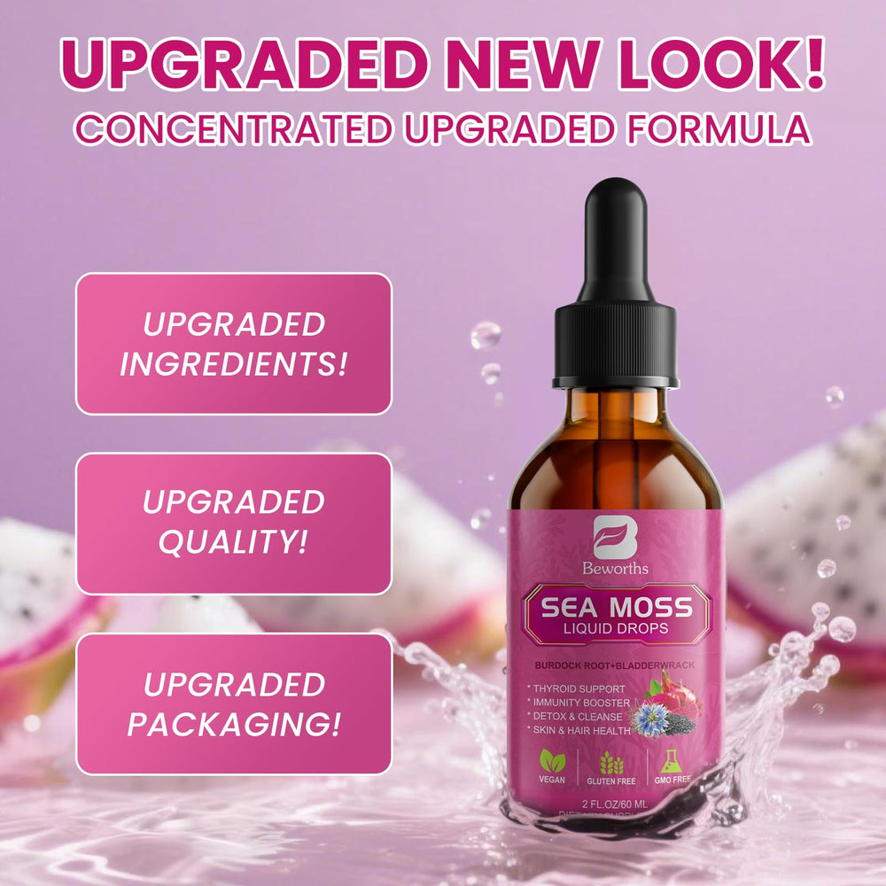 Graphic of benefits for B BEWORTHS Sea Moss Liquid Drops and daily wellness