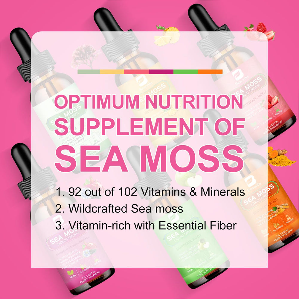 Sea Moss Liquid Drops in water illustrating hydration and daily vitality with B BEWORTHS