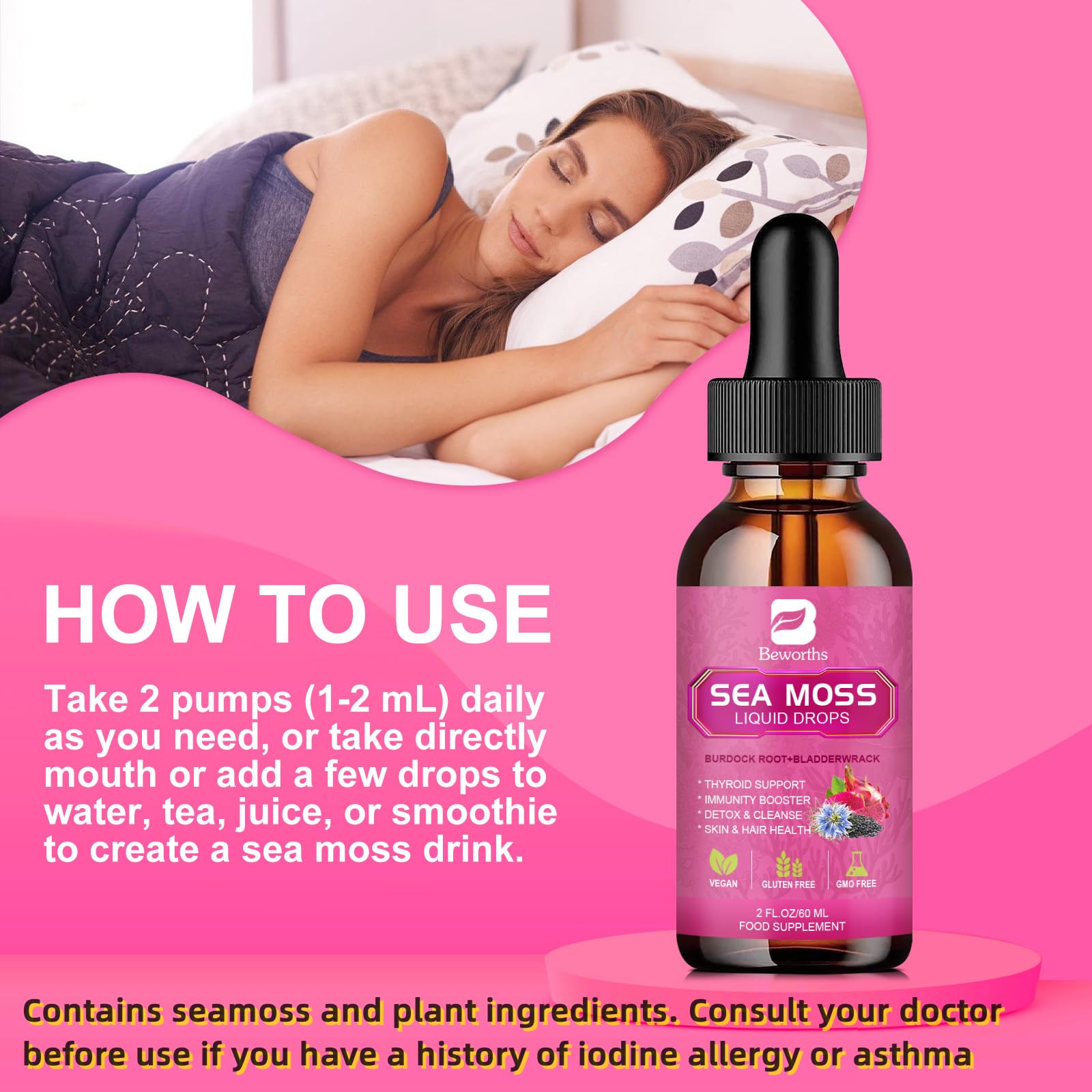 Ingredients scene from B BEWORTHS Sea Moss Liquid Drops featuring bladderwrack and elderberry
