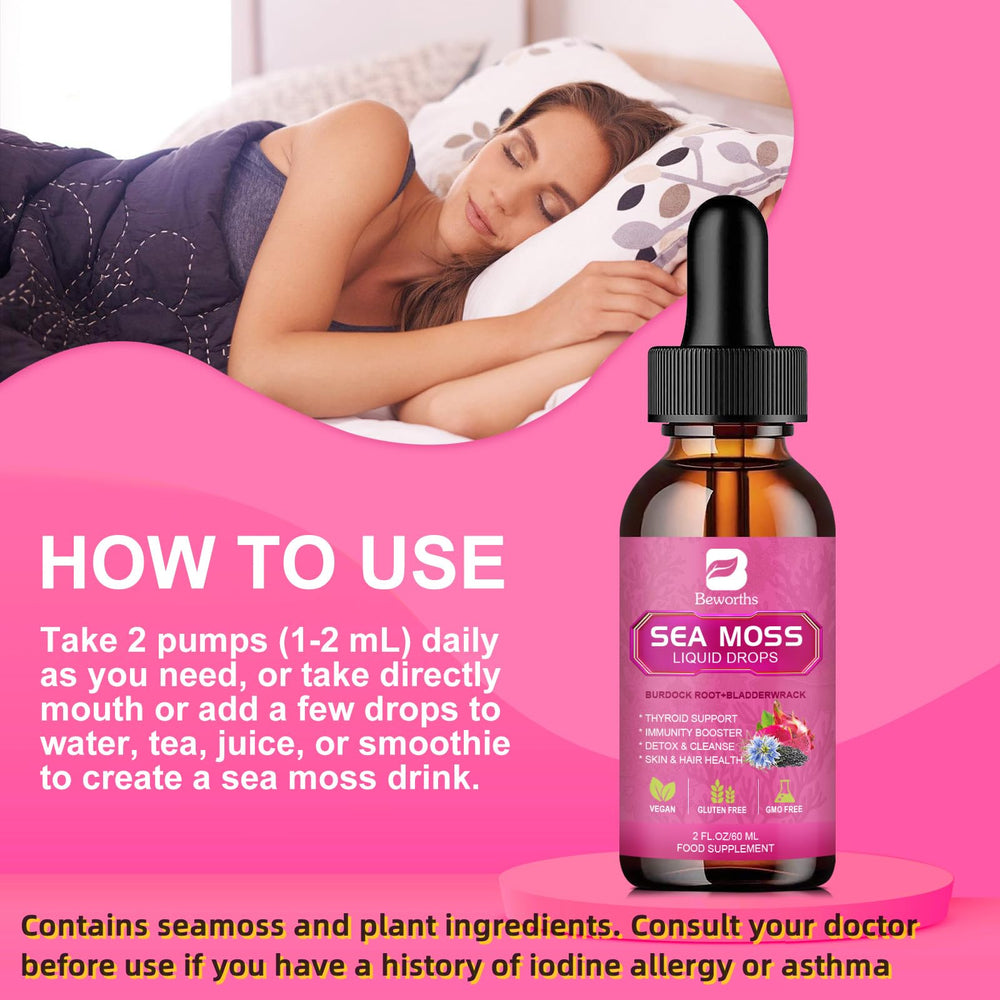 Ingredients scene from B BEWORTHS Sea Moss Liquid Drops featuring bladderwrack and elderberry