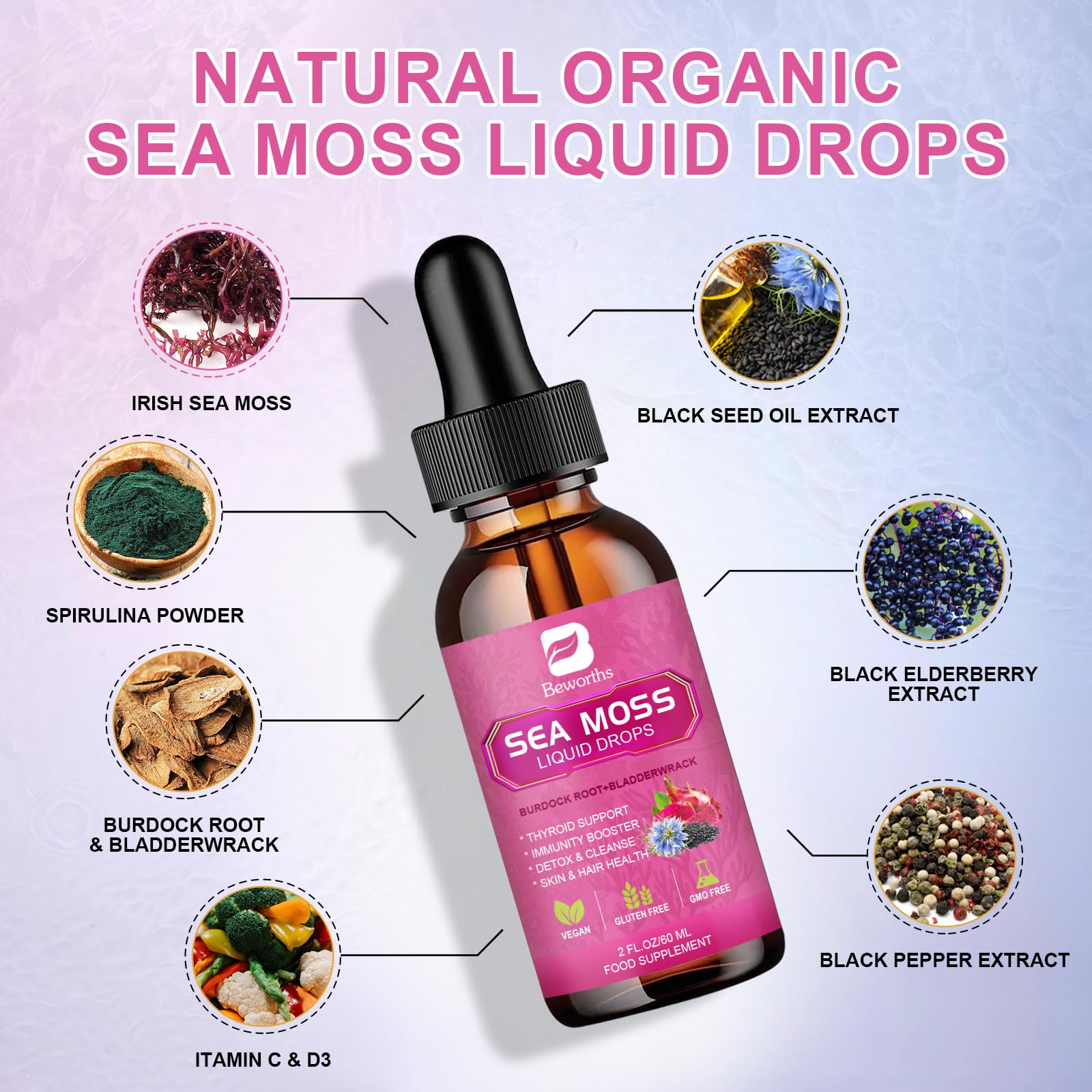 Pouring B BEWORTHS Sea Moss Liquid Drops into a glass for easy mixing