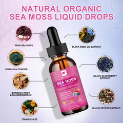 Pouring B BEWORTHS Sea Moss Liquid Drops into a glass for easy mixing