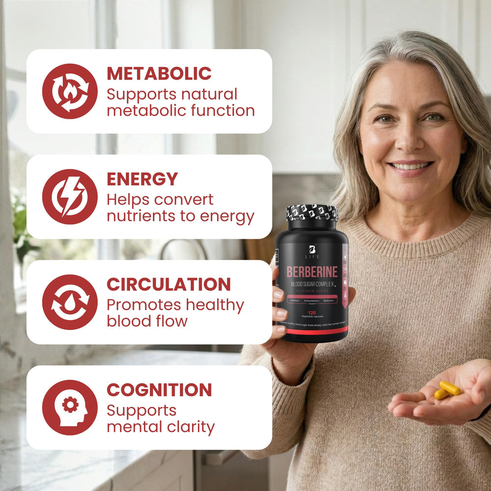 B Life Berberine bottle displayed on a shelf for daily use.