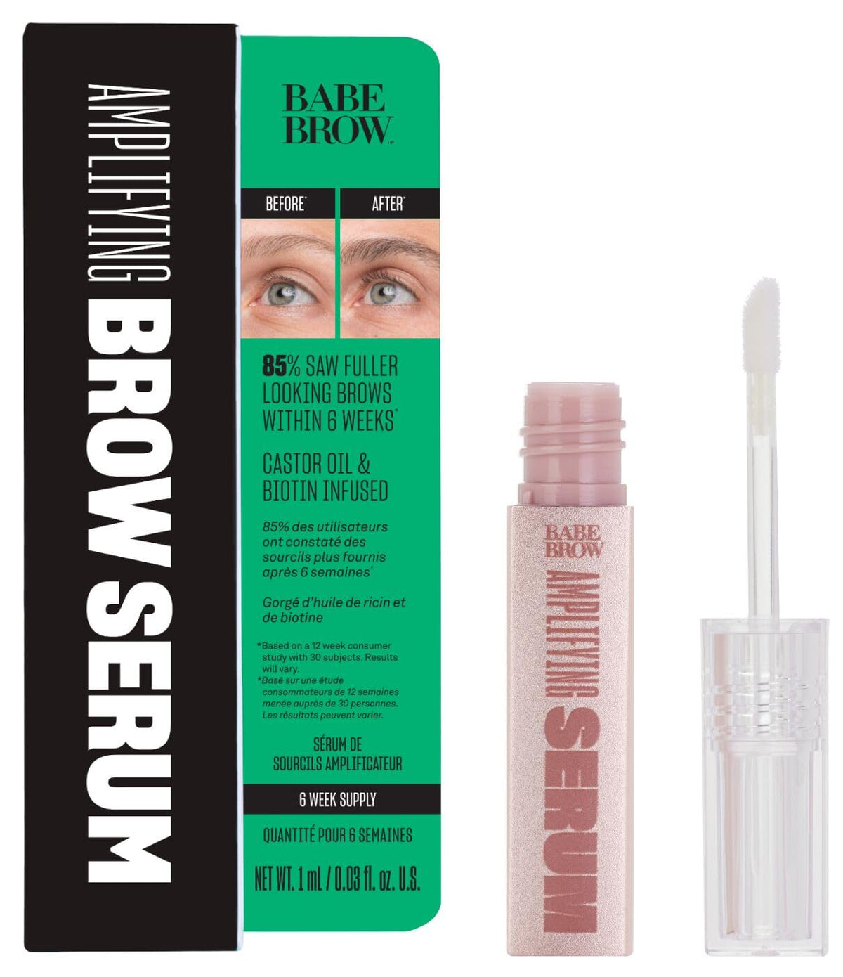 Babe Original Eyebrow Serum bottle closeup showing a premium formula for fuller brows.
