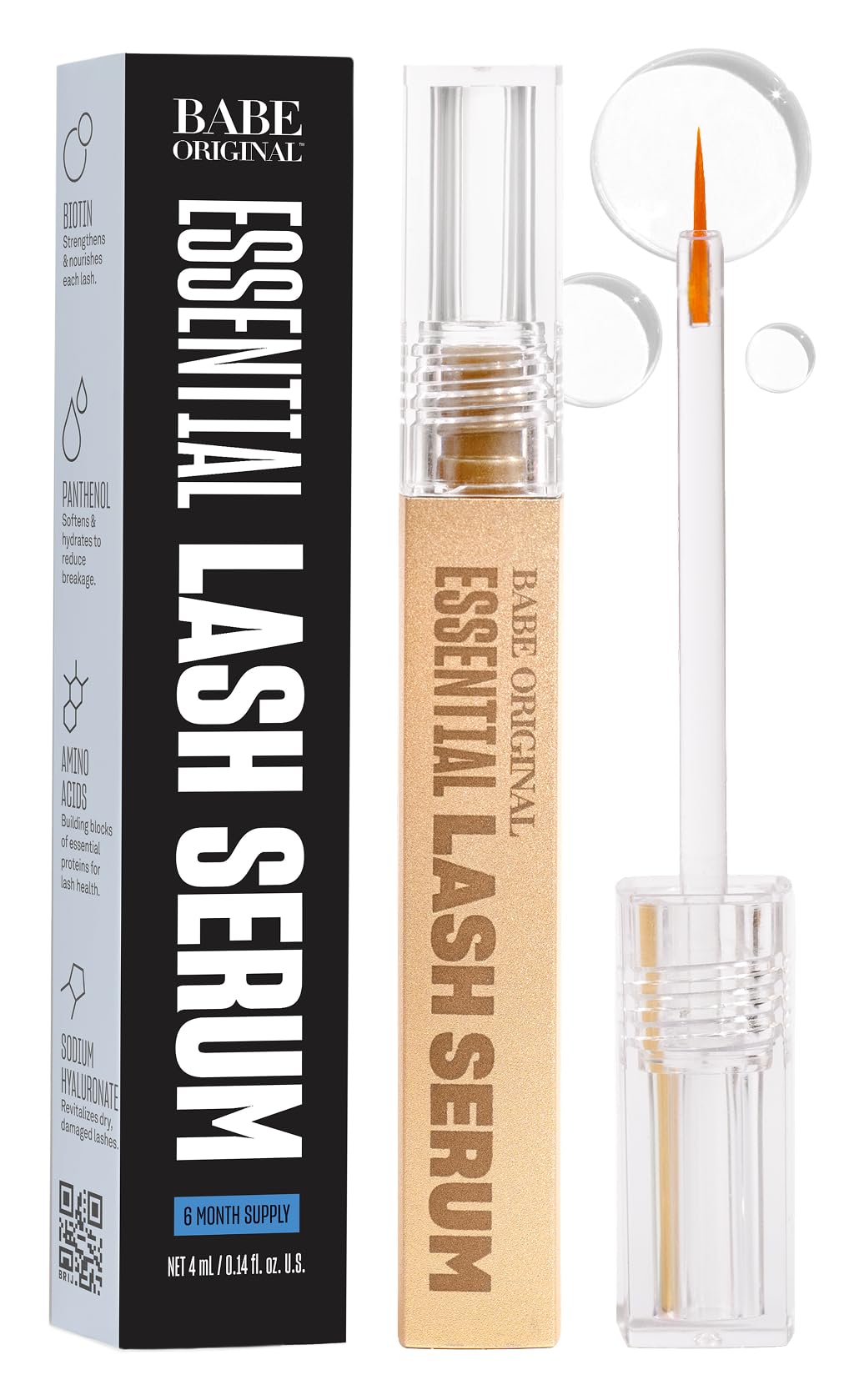 Babe Original eyelash serum bottle closeup shows premium formula for healthier lashes.