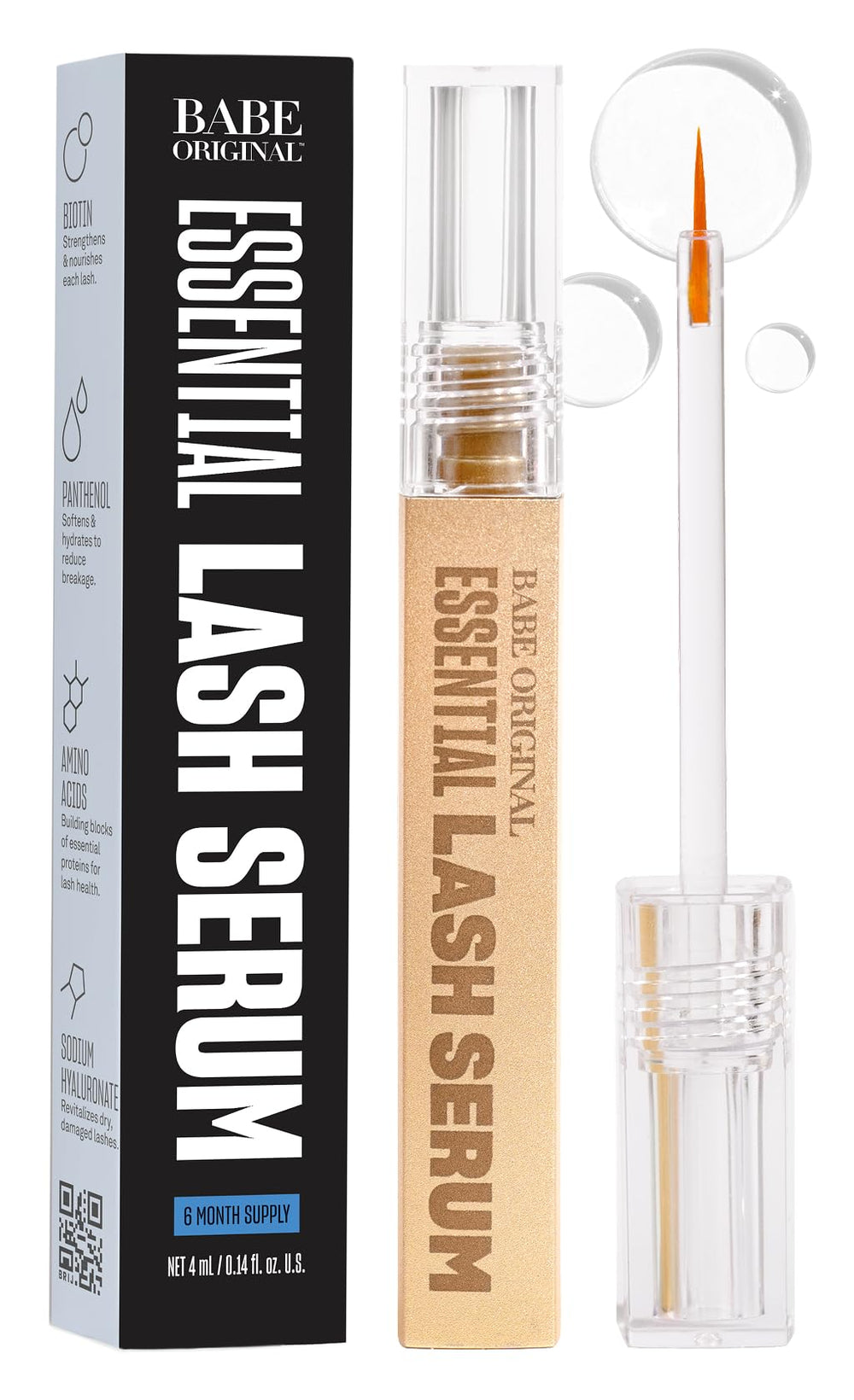 Babe Original eyelash serum bottle closeup shows premium formula for healthier lashes.