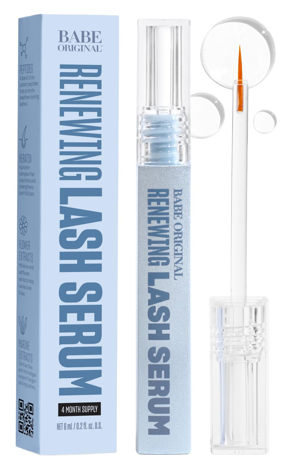 BABE ORIGINAL Renewing Lash Serum bottle close-up, showing a gentle peptide-based formula for sensitive eyes.