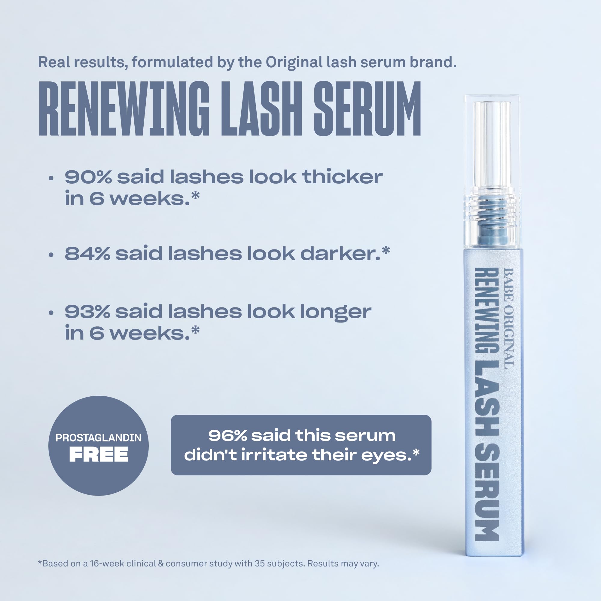 BABE ORIGINAL Renewing Lash Serum packaging front highlighting vegan and cruelty-free branding.
