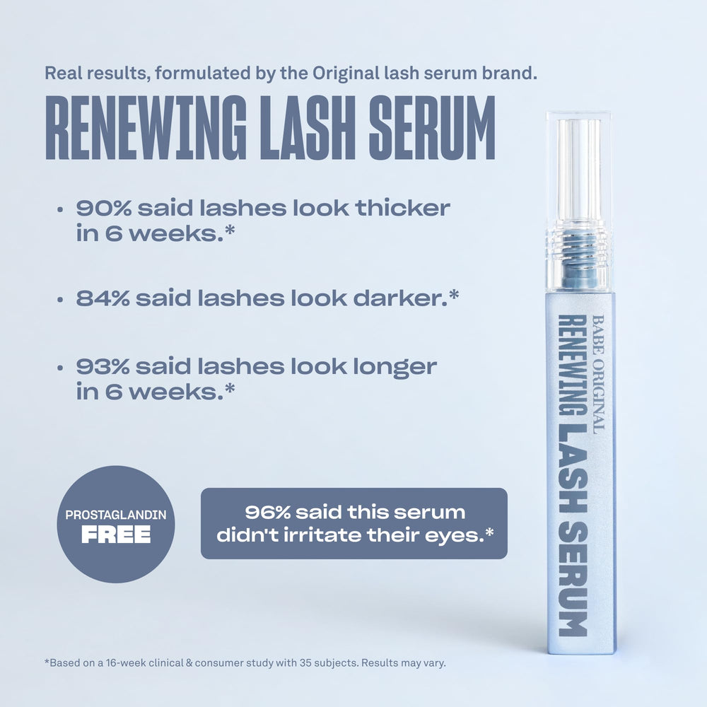 BABE ORIGINAL Renewing Lash Serum packaging front highlighting vegan and cruelty-free branding.