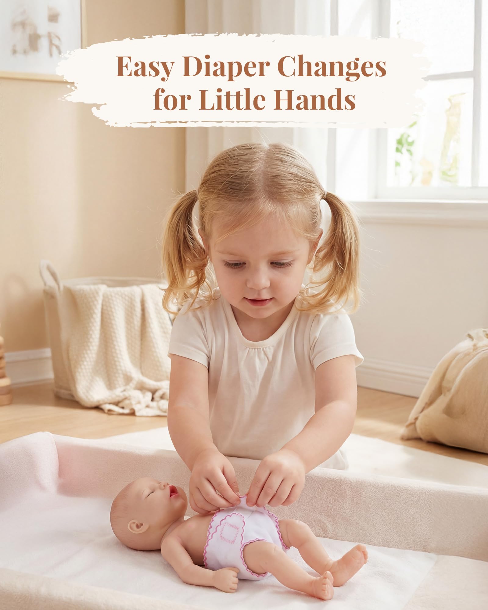 Babeside doll diapers with self-adhesive tabs enable easy on-and-off changes