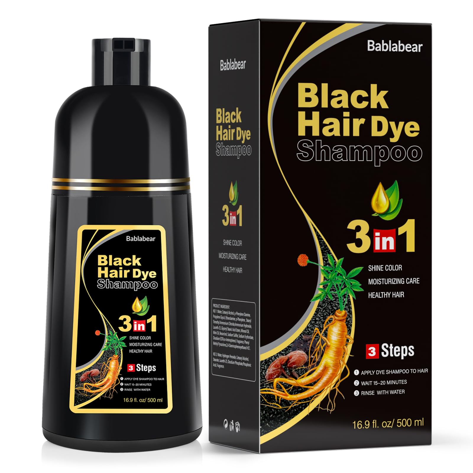 Bablabear black hair dye shampoo bottle pour showing easy application for gray hair