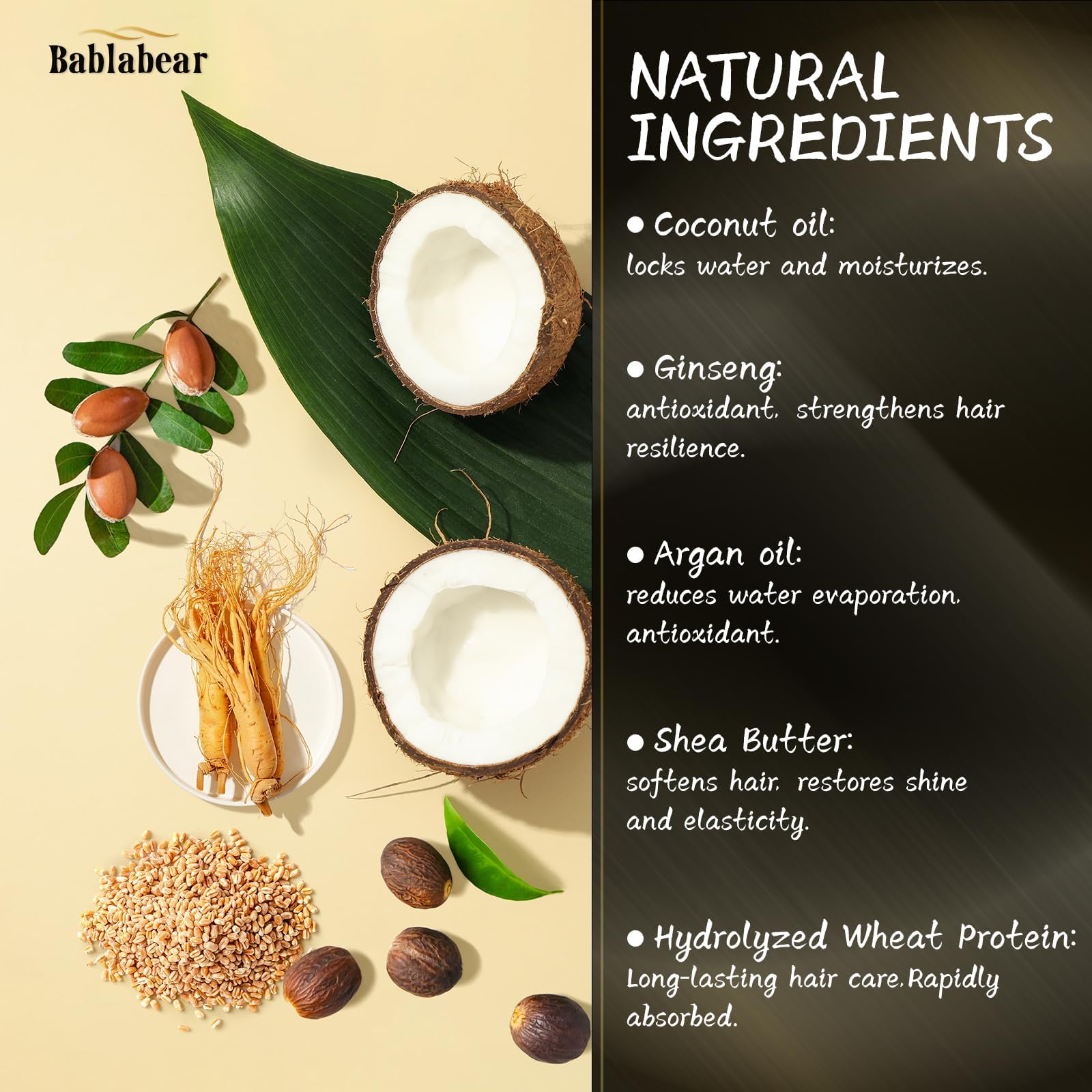 Bablabear Hair Mask ingredients including ginseng and coconut oil