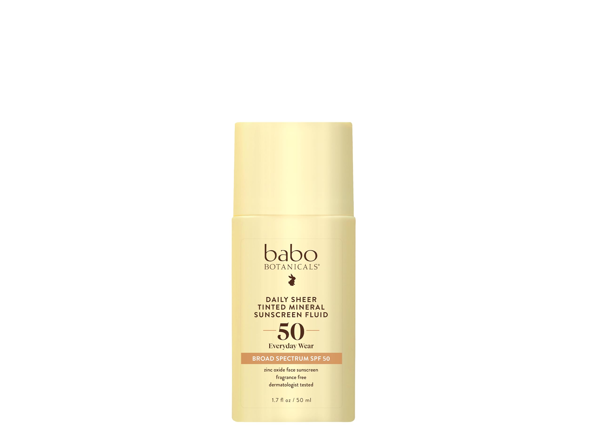 Babo Botanicals Daily Sheer tinted sunscreen bottle with golden hue, fragrance-free protection