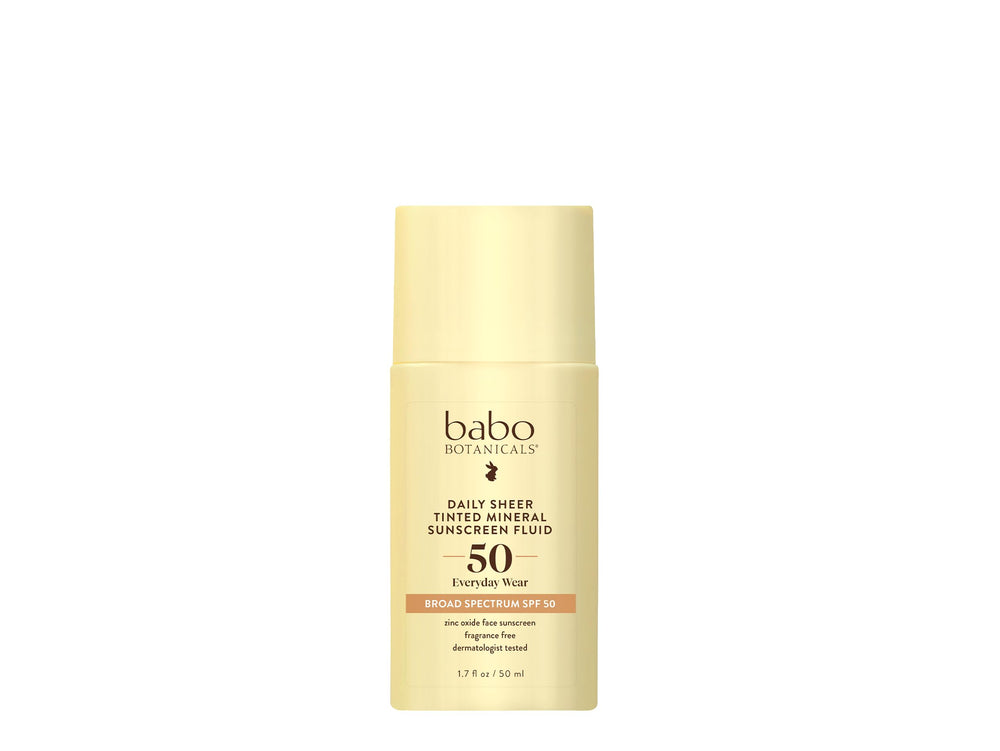 Babo Botanicals Daily Sheer tinted sunscreen bottle with golden hue, fragrance-free protection