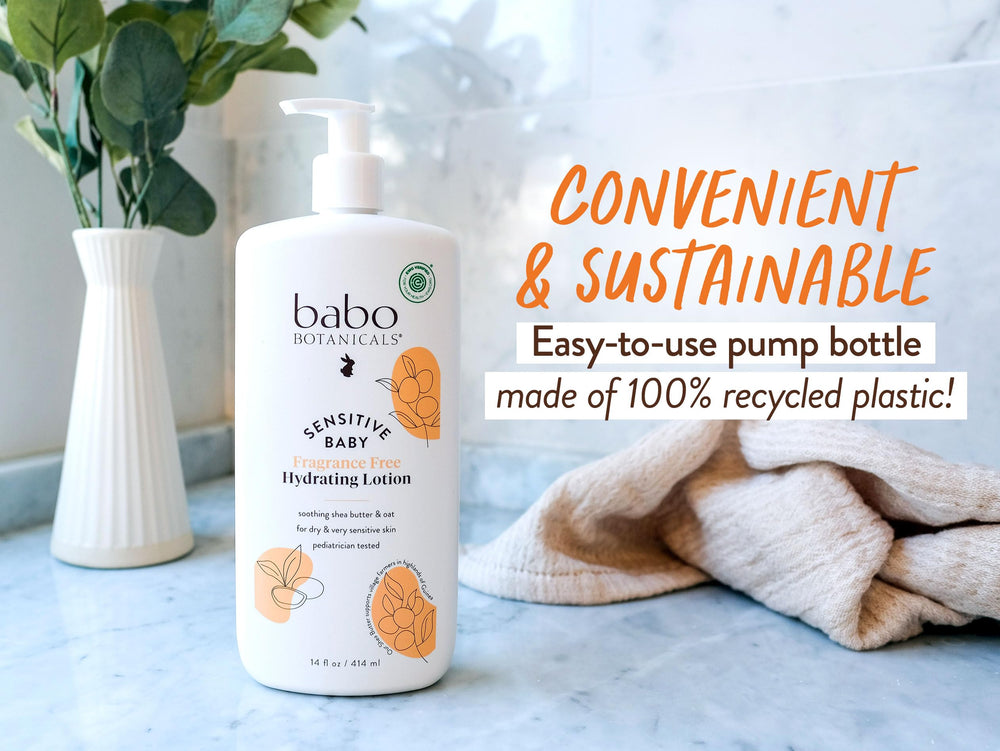 Babo Botanicals fragrance-free lotion texture closeup showing light, non-greasy finish.
