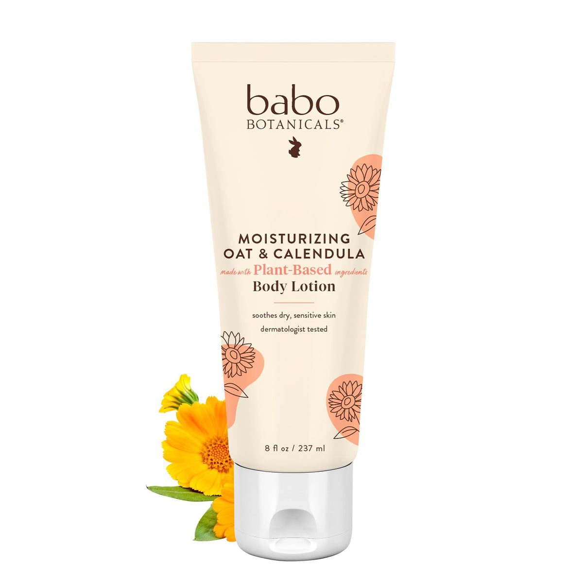 Babo Botanicals lotion bottle showing lightweight, fast-absorbing hydration for dry skin.