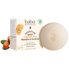 Babo Botanicals sensitive baby fragrance-free bar packaging highlights eco-friendly, plastic-free design for bath time.