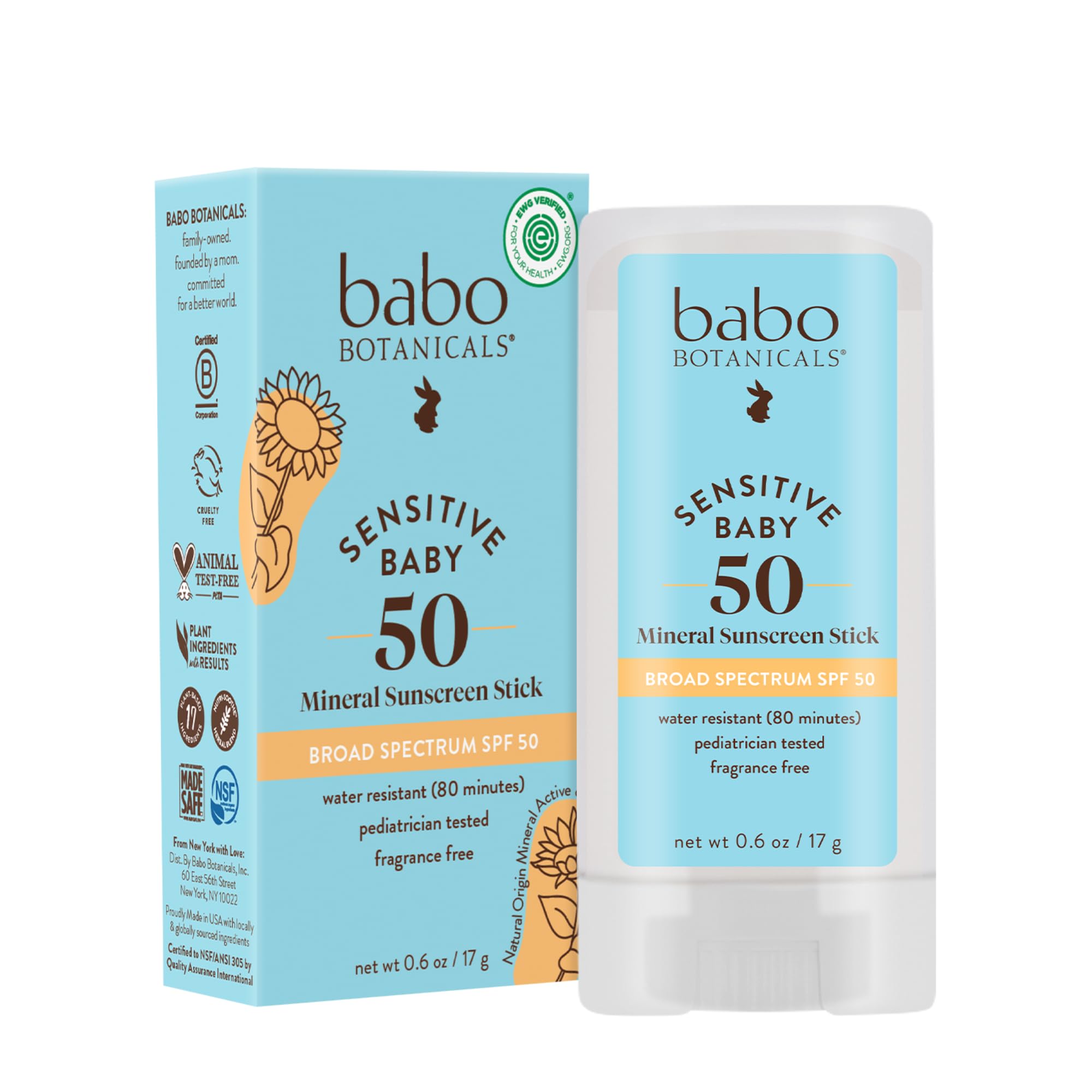 Babo Botanicals sunscreen stick on the face for quick protection.