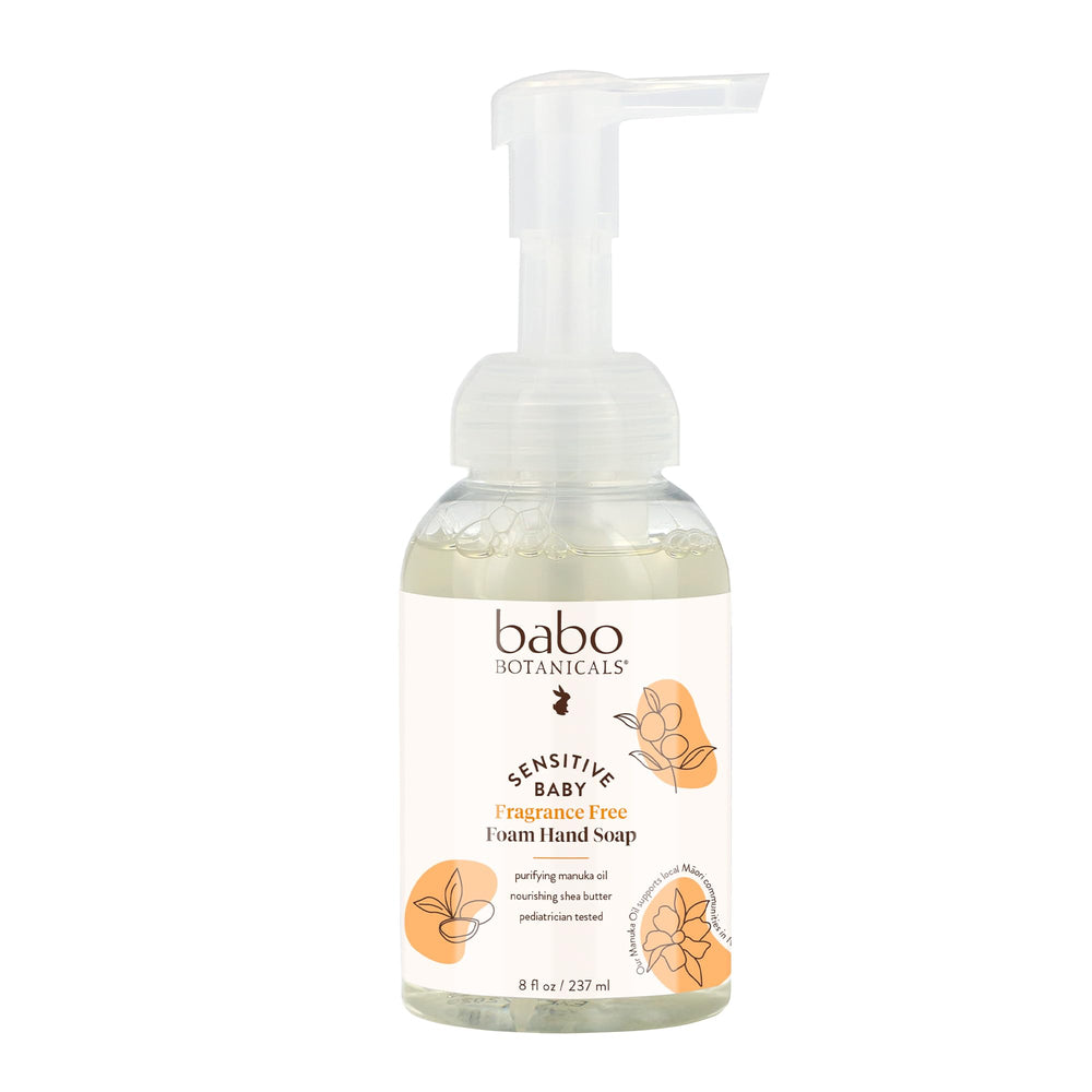 Babo Botanicals Sensitive Hand Soap bottle foam demonstrates self foaming for gentle cleansing.
