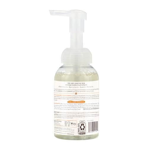 Babo Botanicals sensitive hand soap label closeup shows fragrance-free formula for sensitive skin.