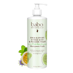 Babo Botanicals Swim & Sport citrus mint bottle cleanses hair and skin after swimming.