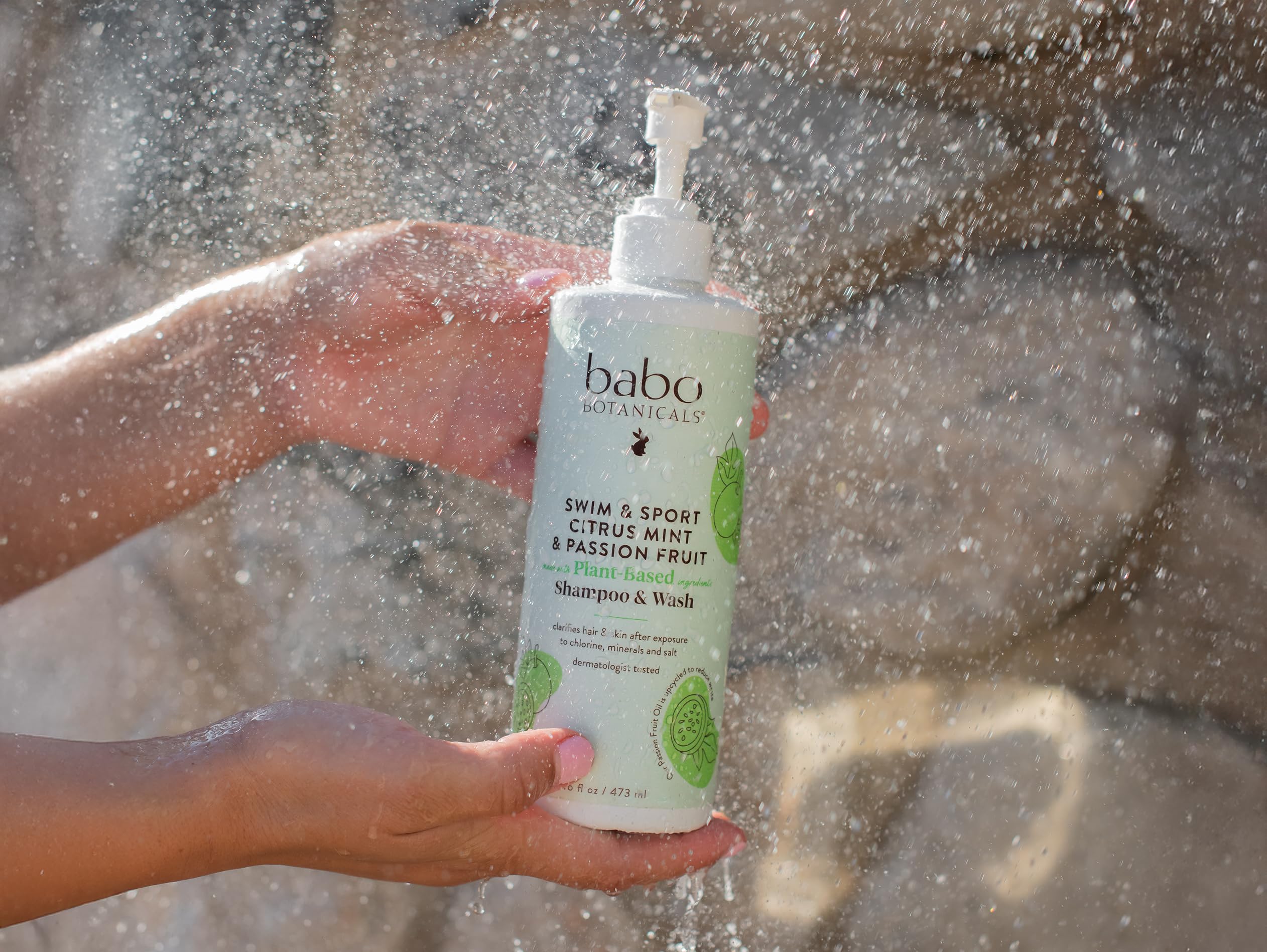 Babo Botanicals Swim & Sport citrus mint foam provides mild cleansing for hair and body.