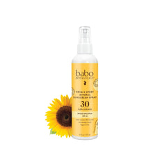 Babo Botanicals Swim & Sport SPF 30 spray on face and body for all ages.