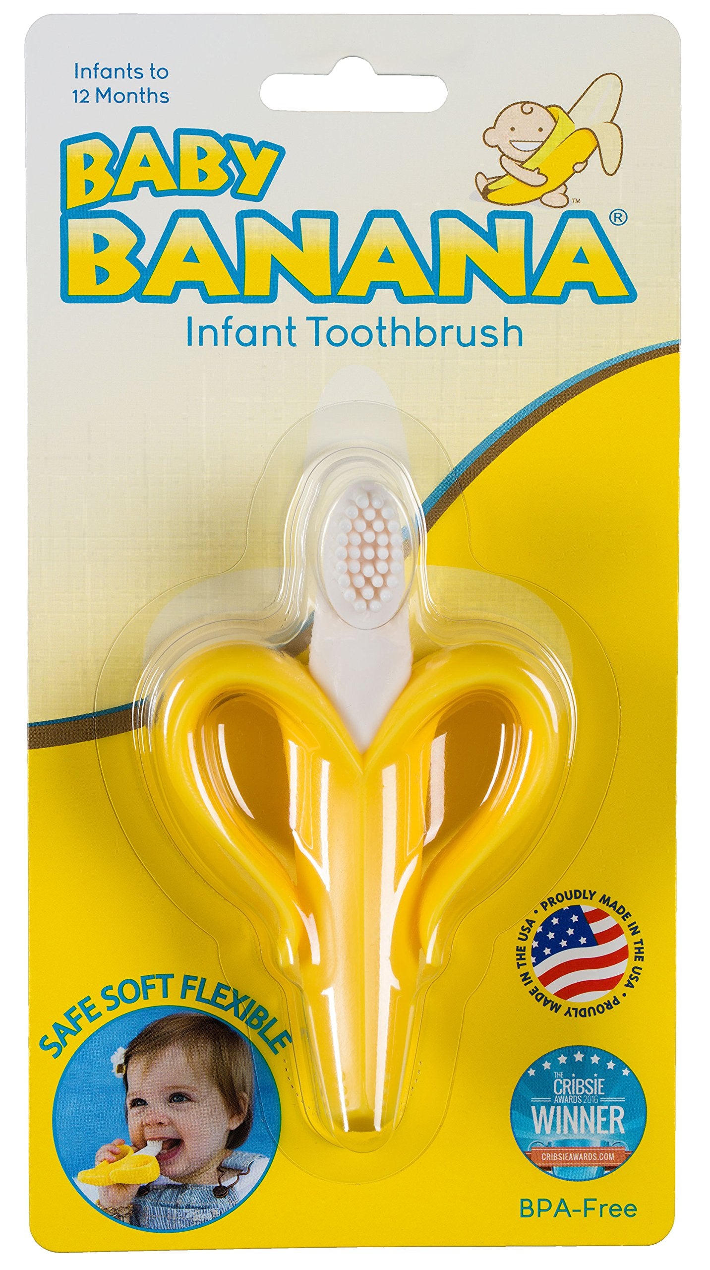 Baby Banana banana-shape handle close-up emphasizes easy grip for tiny hands.