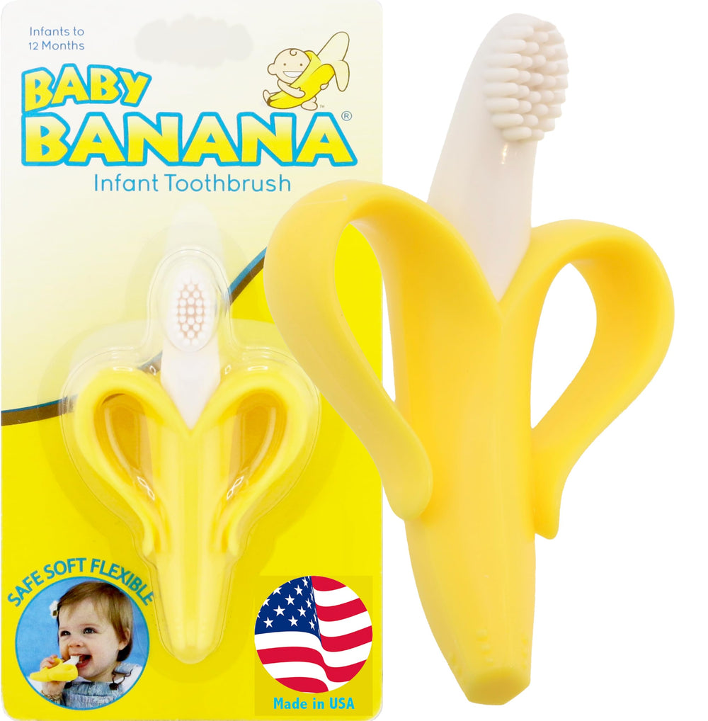 Baby Banana infant toothbrush packaging shows a safe, user-friendly design for new parents.