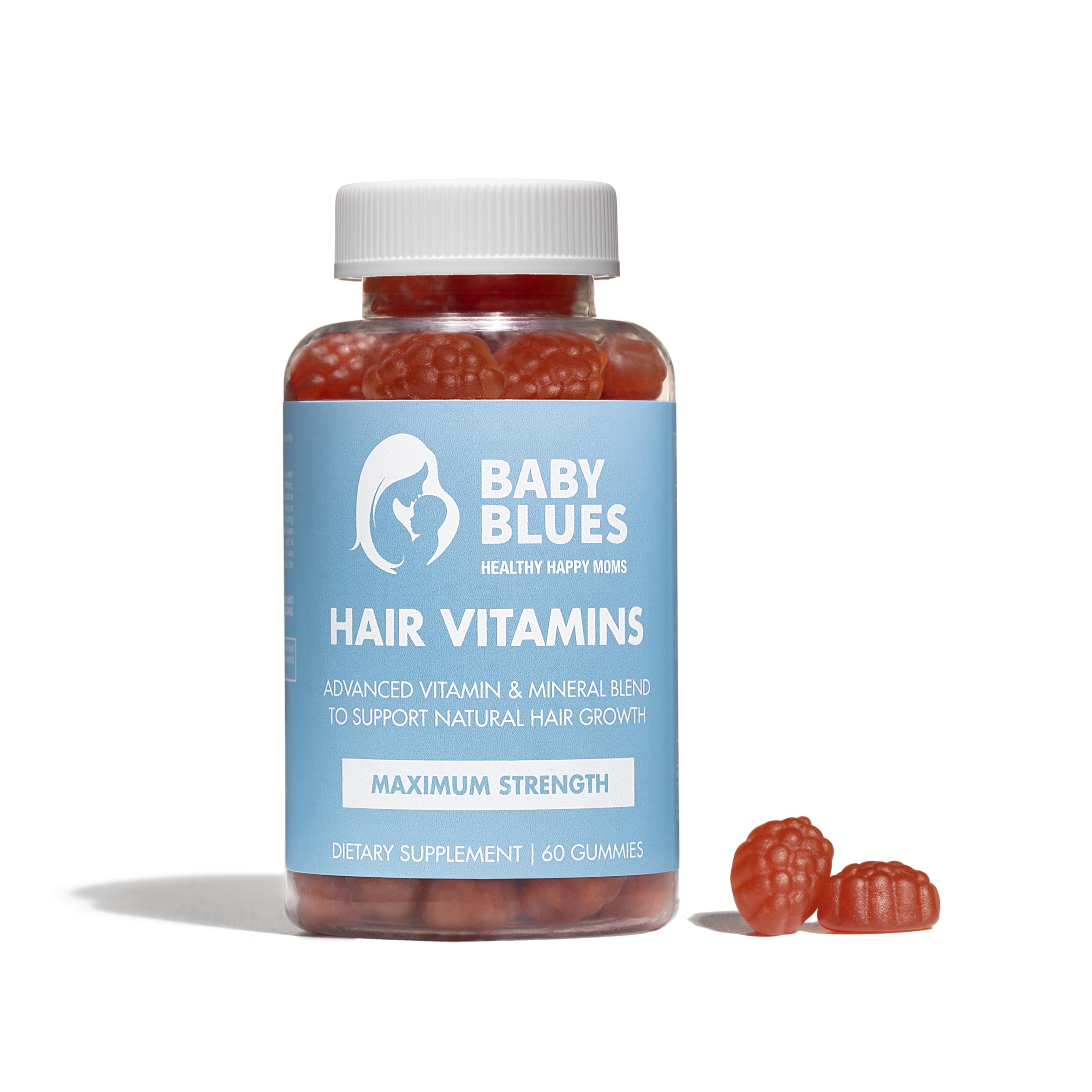 Baby Blues postpartum hair loss vitamins bottle front, supporting hair strength